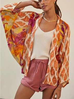 Anthropologie Orange/ Multicolored Sunset Cocoon Kimono Boho Cardigan One Size